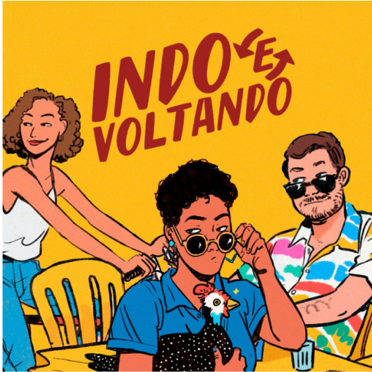 Capa do podcast Indo e Voltando, uma ilustração com fundo amarelo, os 3 integrantes em uma mesa de bar cada um com referências que lhe são características.